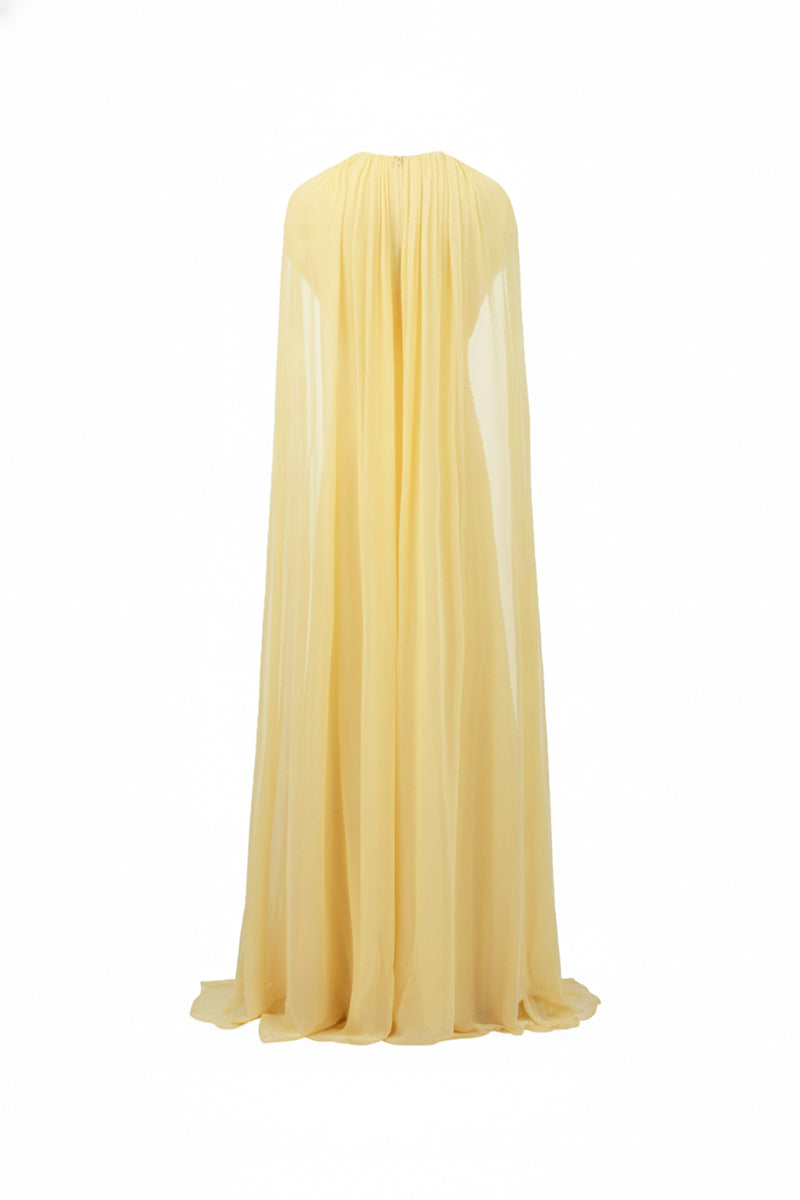 Yellow chiffon gown by 21Six, the CULT MIA X 21Six Mira dress, featuring flowing fabric and elegant design.