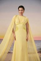 Yellow chiffon gown by 21Six, the CULT MIA X 21Six Mira dress, featuring a flowing silhouette and elegant design.