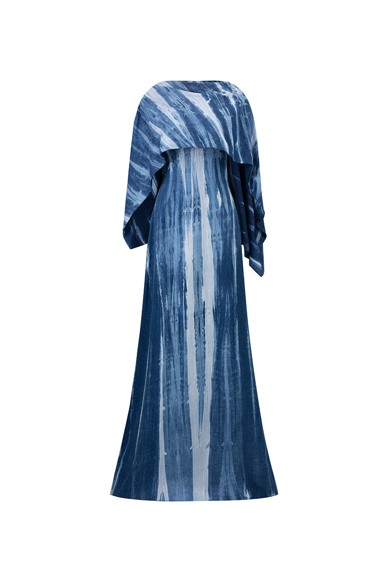 Elegant GVLUX Water Ripples Cape Neck Gown featuring flowing fabric and a sophisticated design, perfect for formal occasions.