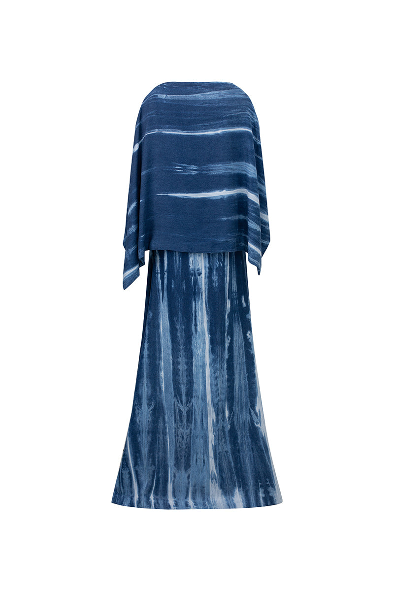Elegant water ripples cape neck gown by GVLUX, featuring flowing fabric and intricate design perfect for formal occasions.