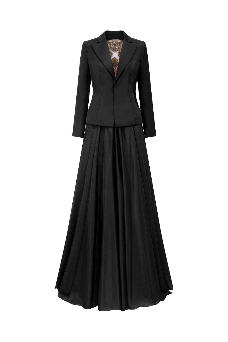 Black taffeta mikado peplum maxi dress by Tracy Studio, featuring a fitted bodice and flowing skirt.