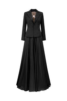 Black TAFFETA MIKADO peplum gown by Tracy Studio, featuring a fitted bodice and elegant peplum detail, perfect for formal occasions.