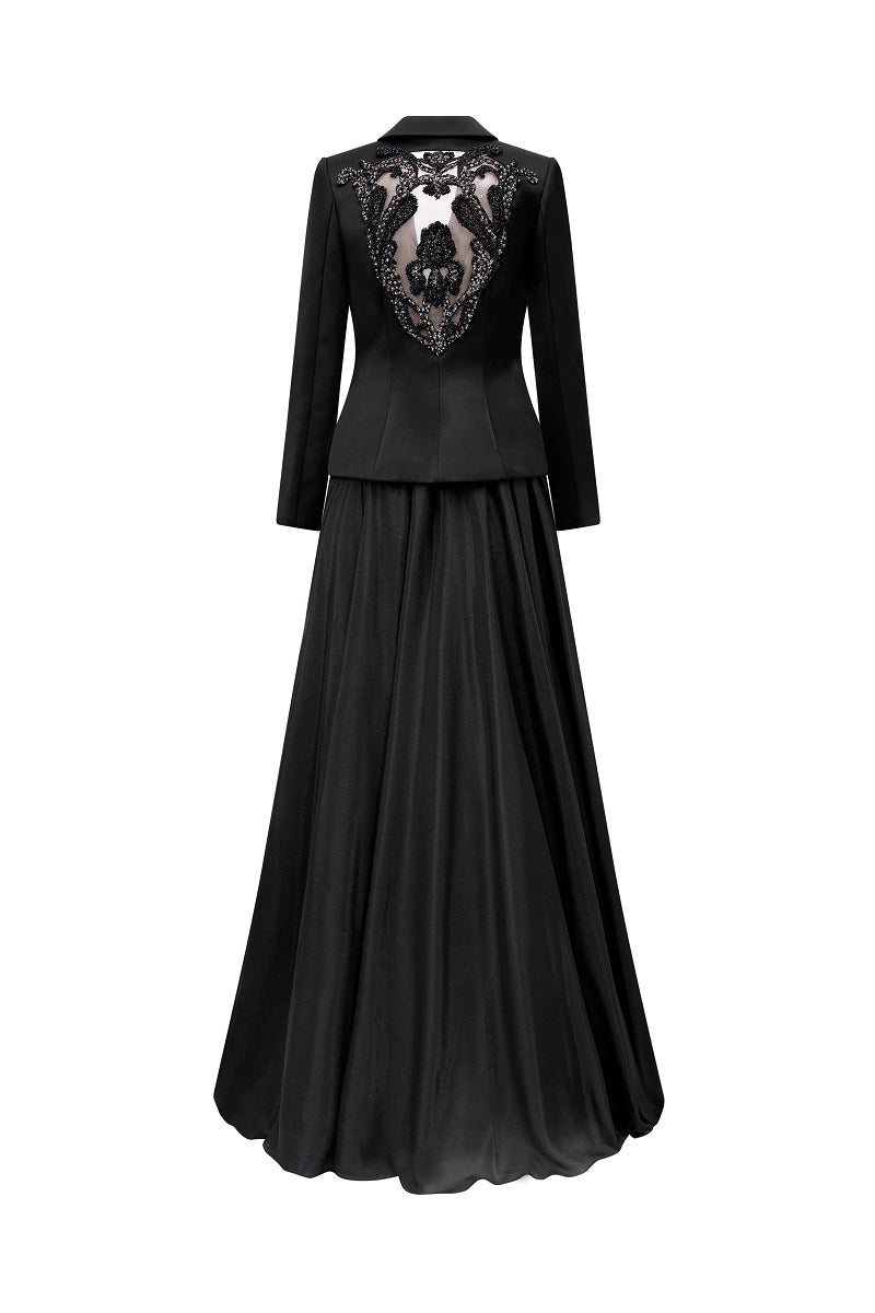 Black Taffeta Mikado Peplum Maxi Dress by Tracy Studio, featuring elegant fabric and a flattering peplum design.