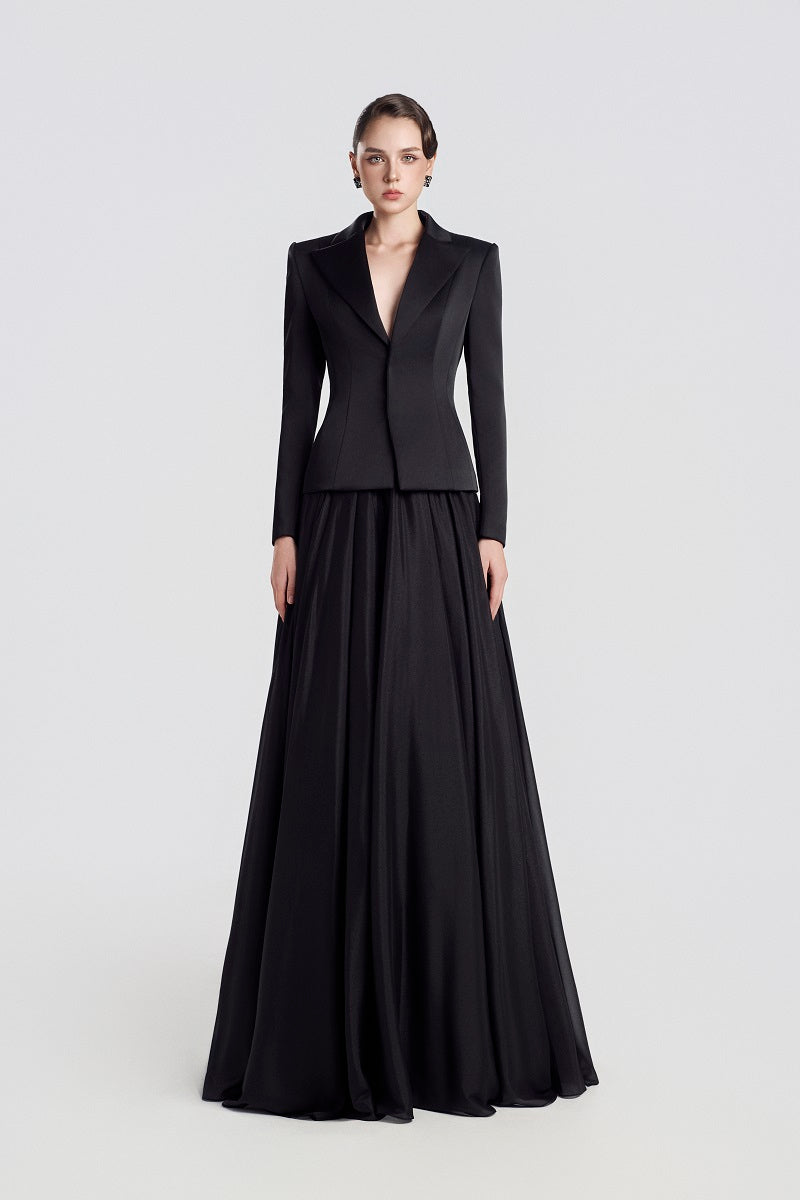 Black Taffeta Mikado Peplum Maxi Dress by Tracy Studio, featuring a fitted bodice and elegant peplum detail.