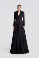 Black Taffeta Mikado peplum gown by Tracy Studio, elegant dress featuring a fitted bodice and peplum detail.