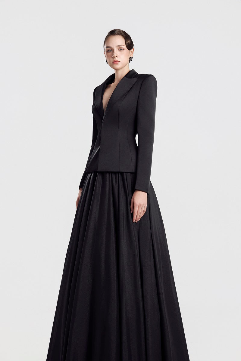 Black Taffeta Mikado peplum maxi dress by Tracy Studio, featuring elegant fabric and a flattering peplum design.