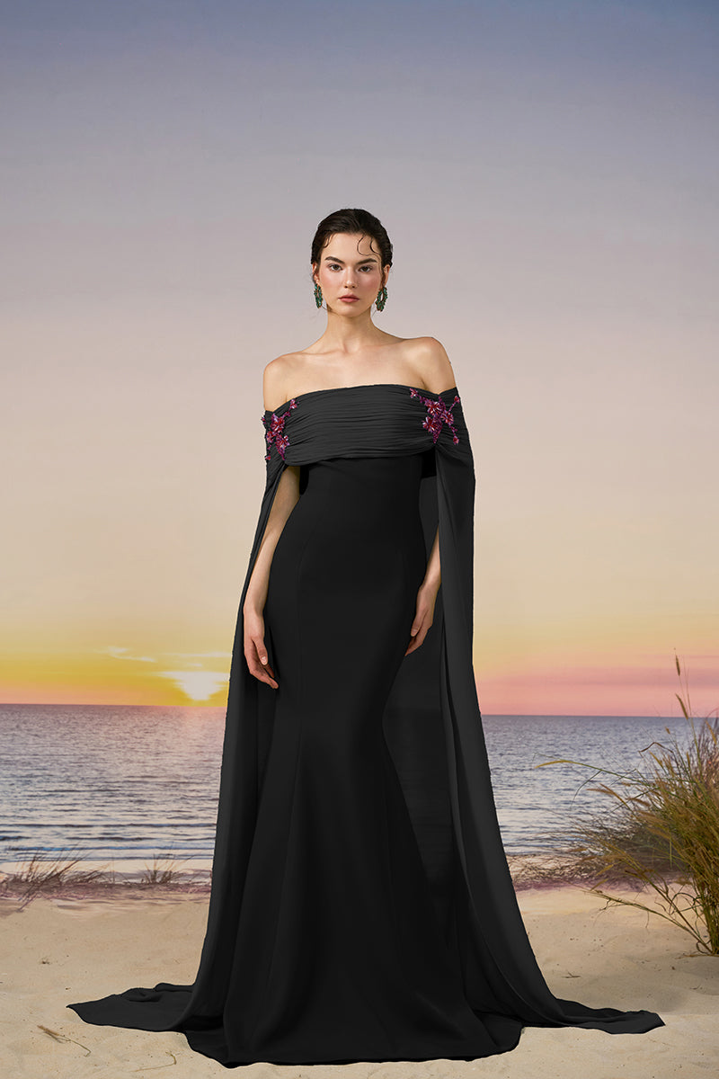 VANA CREPE AND CHIFFON DRESS IN BLACK | CULT MIA