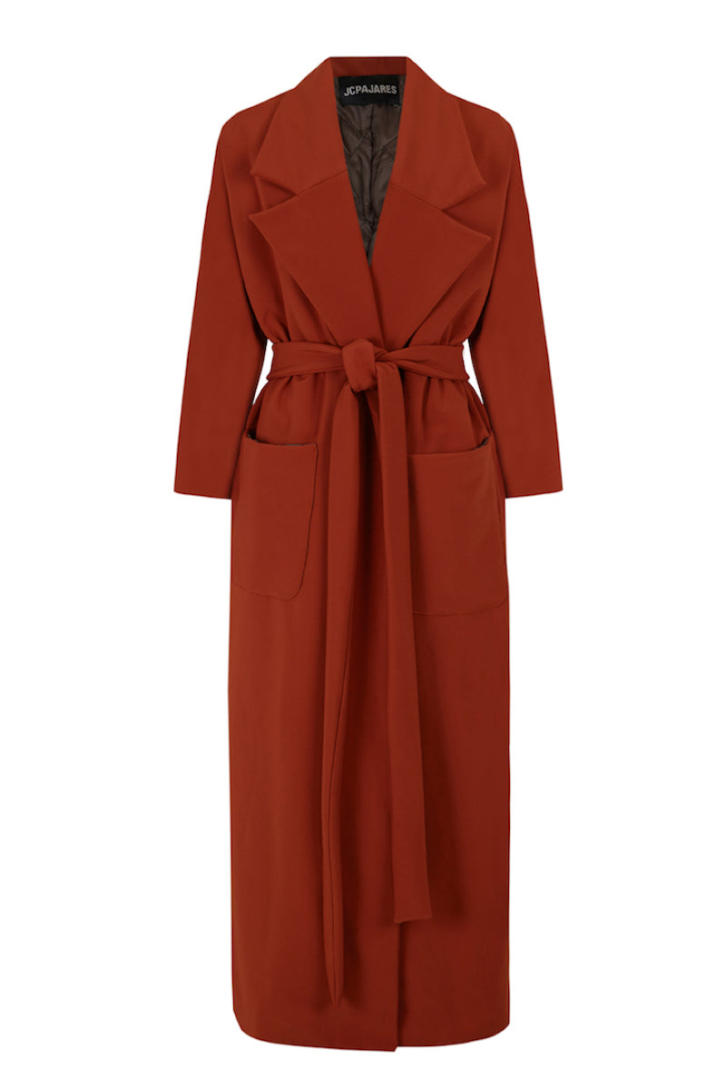 JC Pajares long coat with side pockets, stylish and warm outerwear for cold weather, shown in a neutral fabric with a classic fit.
