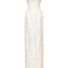 White strapless ballgown in rose design brocade by I.H.F, featuring elegant fabric and flowing silhouette.