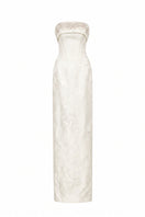 White strapless ballgown in rose design brocade by I.H.F, featuring elegant fabric and flowing silhouette.