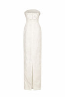 White strapless ballgown in rose design brocade by I.H.F, featuring intricate floral patterns and elegant flowing fabric.