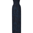Blue strapless ballgown with rose design brocade, elegant formal gown from I.H.F featuring intricate fabric details.
