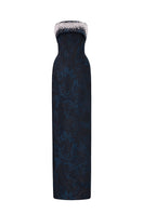 Blue strapless ballgown with rose design brocade, elegant formal gown from I.H.F featuring intricate fabric details.