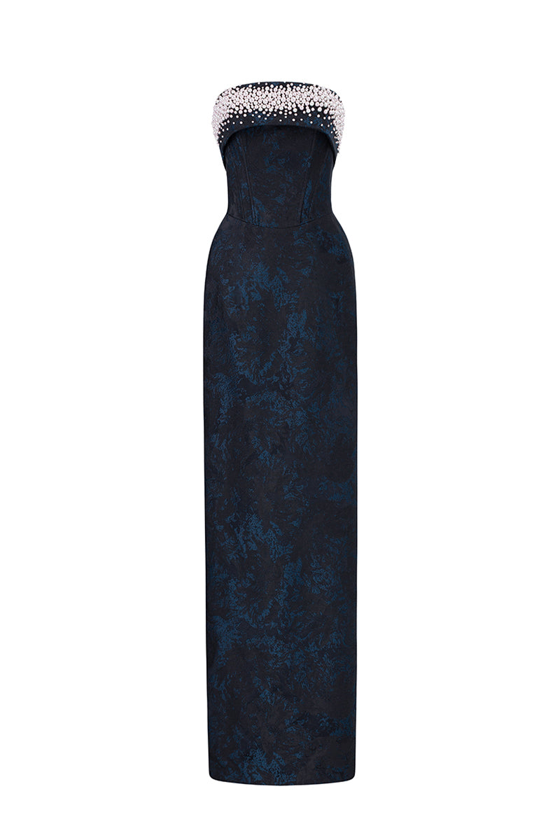 Blue strapless ballgown with rose design brocade, elegant formal gown from I.H.F featuring intricate fabric details.