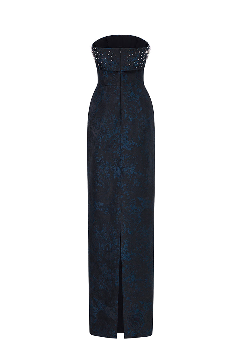 Blue strapless ballgown with rose design brocade by I.H.F, featuring elegant fabric and a flowing silhouette.