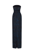 Blue strapless ballgown with rose design brocade by I.H.F, featuring elegant fabric and a flowing silhouette.