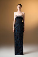 Blue strapless ballgown with rose design brocade by I.H.F, featuring elegant fabric and a fitted bodice.