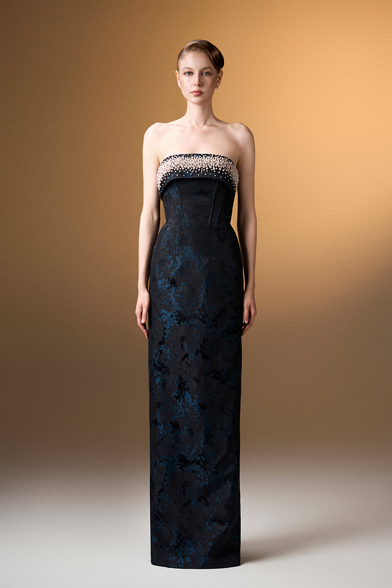 Blue strapless ballgown with rose design brocade by I.H.F, featuring elegant fabric and a fitted bodice.