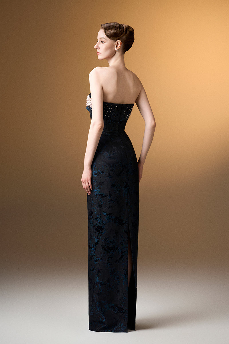 Blue strapless ballgown in rose design brocade by I.H.F, featuring elegant fabric and classic formal gown style.