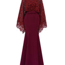Dark red I.H.F mermaid gown with kimono sleeves, crepe fabric, and French lace detailing, showcasing an elegant, flowing silhouette.
