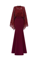 Dark red I.H.F mermaid gown with kimono sleeves, crepe fabric, and French lace detailing, showcasing an elegant, flowing silhouette.