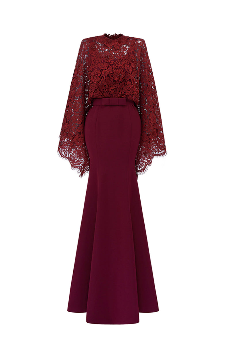 Dark red I.H.F mermaid gown with kimono sleeves, crepe fabric, and French lace detailing, showcasing an elegant, flowing silhouette.