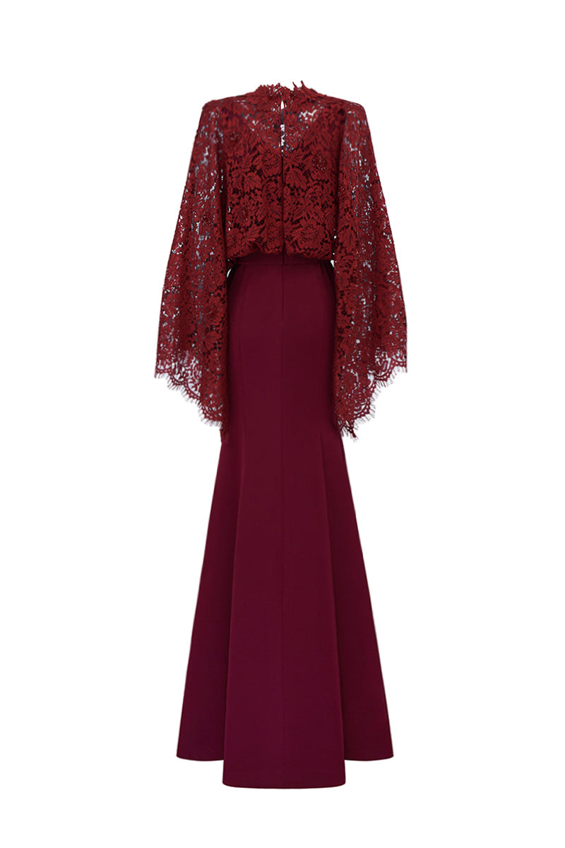 Dark red I.H.F mermaid gown with kimono sleeves, crepe fabric and French lace detailing, elegant evening dress.
