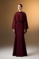 Dark red I.H.F mermaid gown with kimono sleeves, made of crepe and French lace, showcasing elegant, form-fitting design.