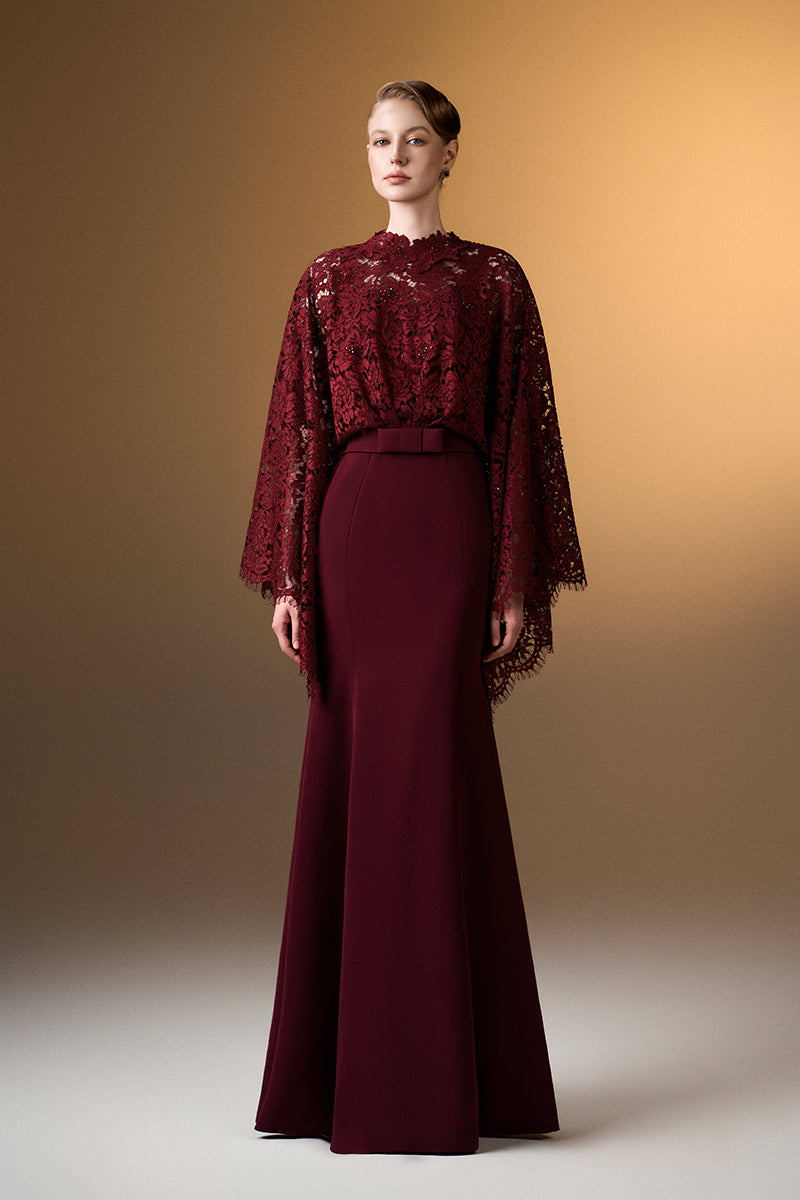Dark red I.H.F mermaid gown with kimono sleeves, made of crepe and French lace, showcasing elegant, form-fitting design.