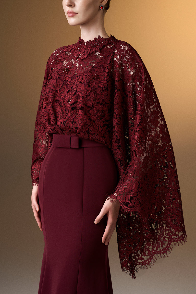 Dark red I.H.F mermaid gown with kimono sleeves, crafted from crepe fabric and French lace, elegant and figure-flattering.