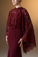 Dark red I.H.F mermaid gown with kimono sleeves, crafted from crepe fabric and French lace, elegant and figure-flattering.