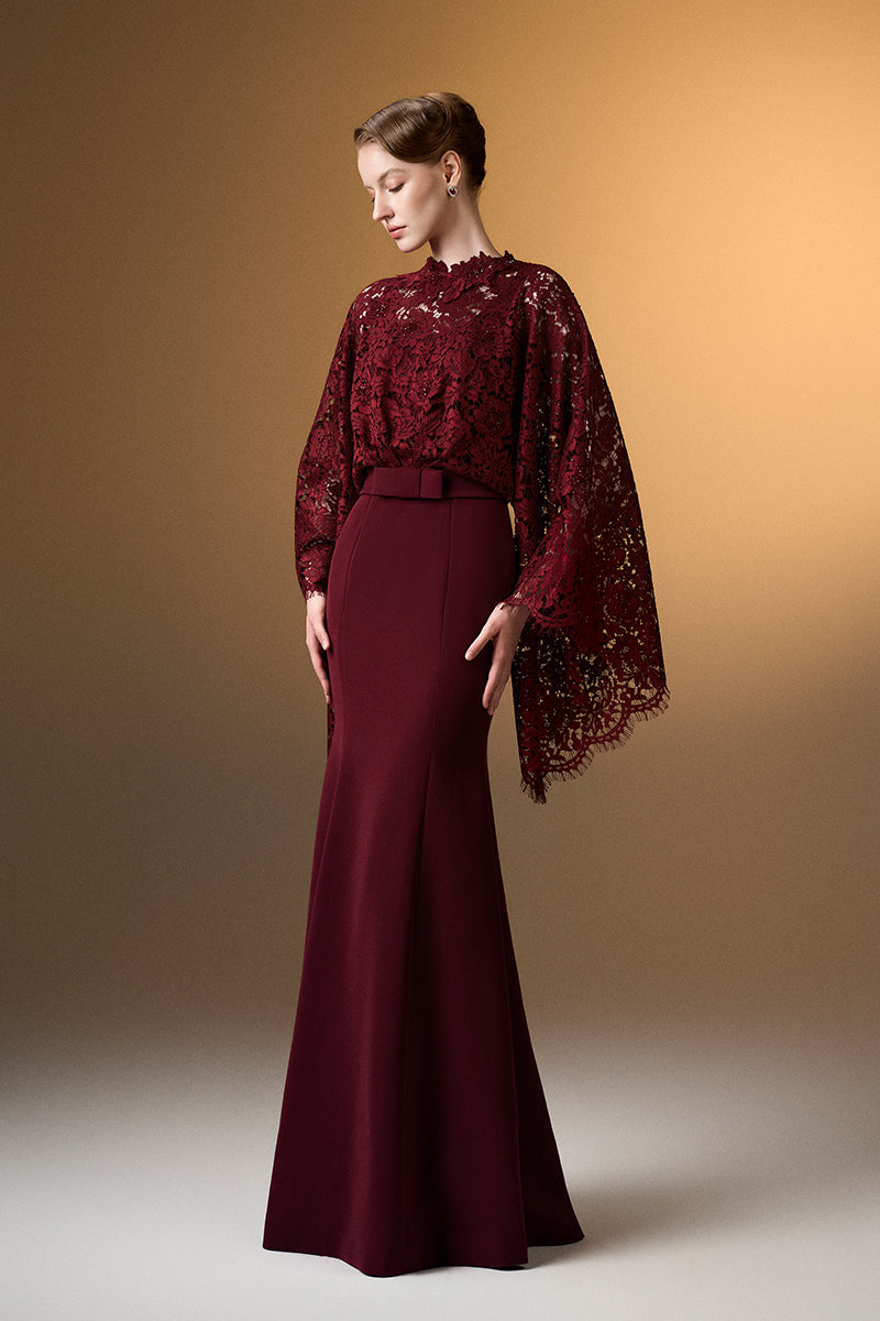 Dark red I.H.F mermaid gown with kimono sleeves, crepe fabric, and French lace detailing, elegant evening wear.