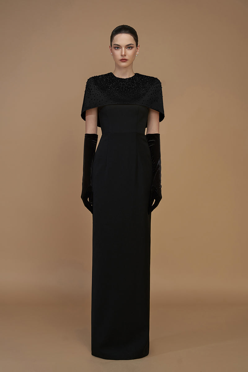 CREPE AND SILK TAFFETA CAP SLEEVE GOWN IN BLACK