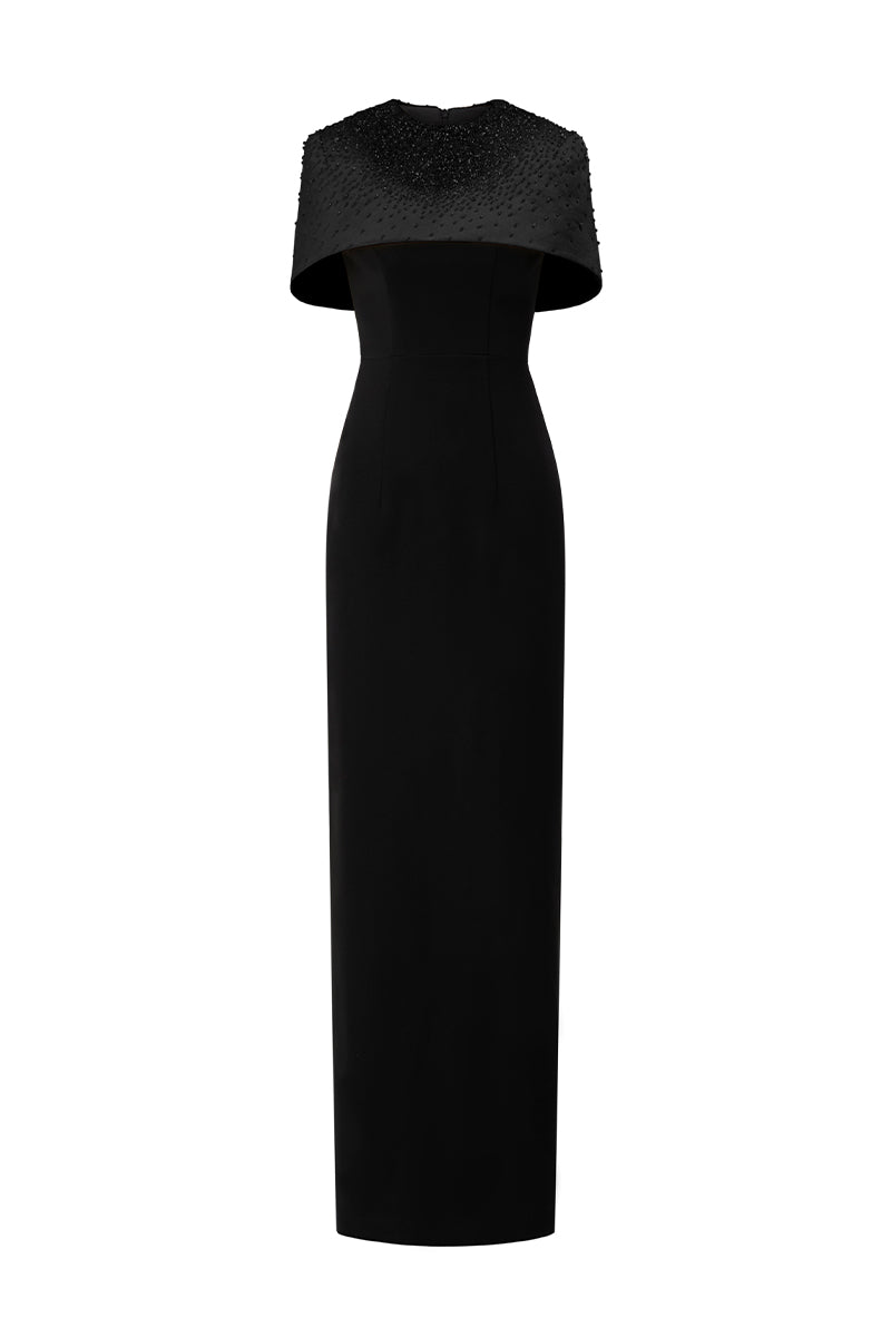 CREPE AND SILK TAFFETA CAP SLEEVE GOWN IN BLACK