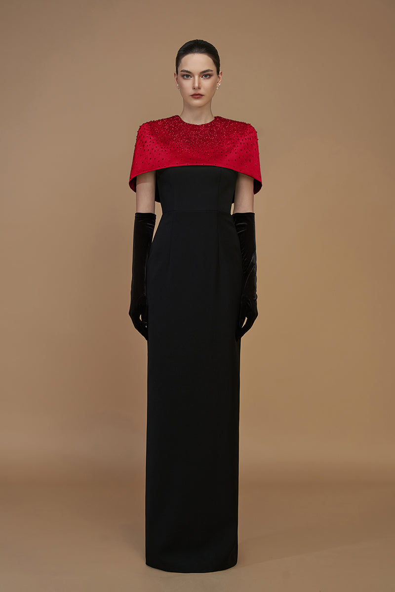 CREPE AND SILK TAFFETA CAP SLEEVE GOWN IN RED