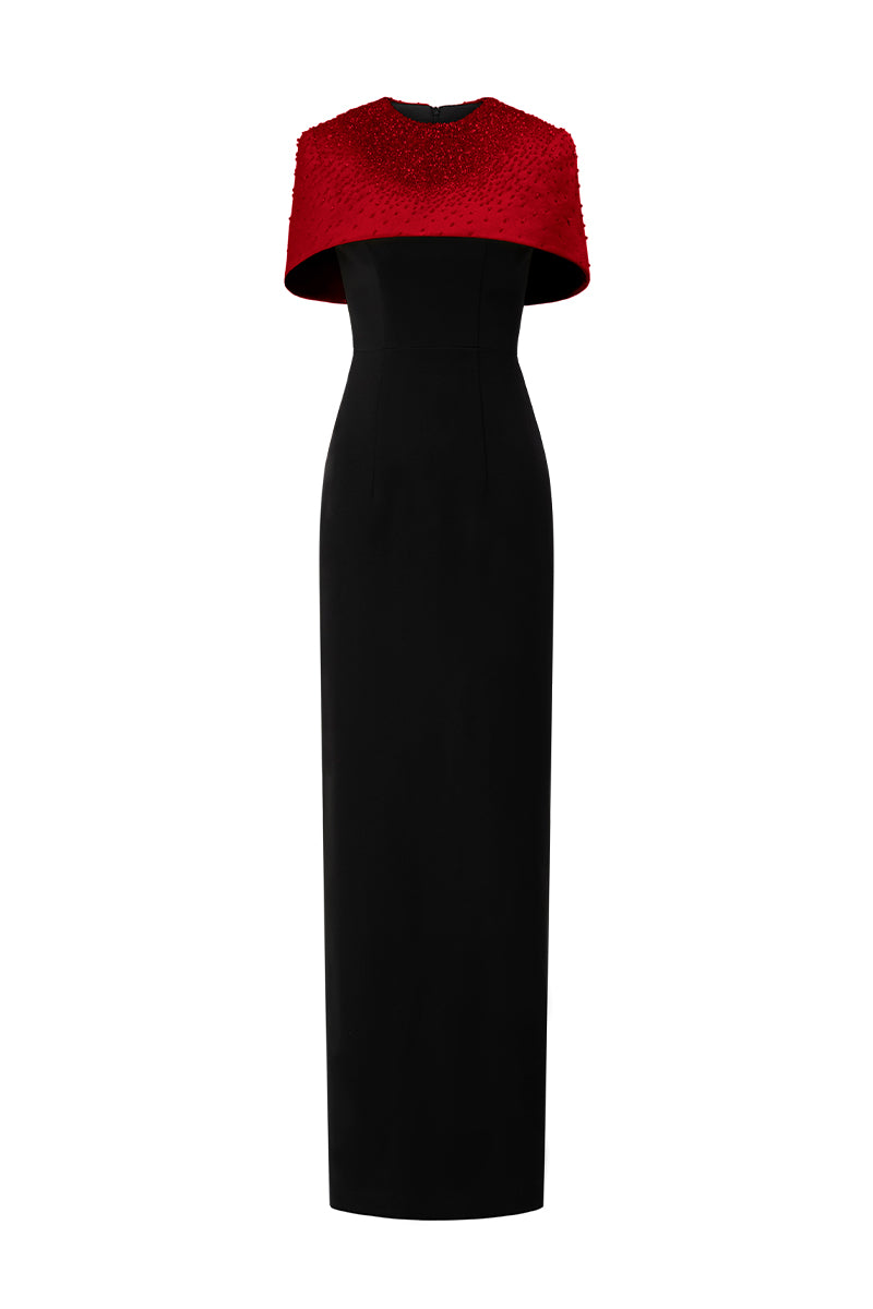 CREPE AND SILK TAFFETA CAP SLEEVE GOWN IN RED