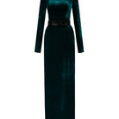 Green grain velvet trapeze neck gown with long sleeves by I.H.F, featuring a flowing silhouette and elegant design.
