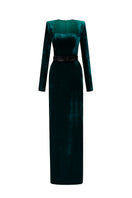 Green grain velvet trapeze neck gown with long sleeves by I.H.F, featuring a flowing silhouette and elegant design.