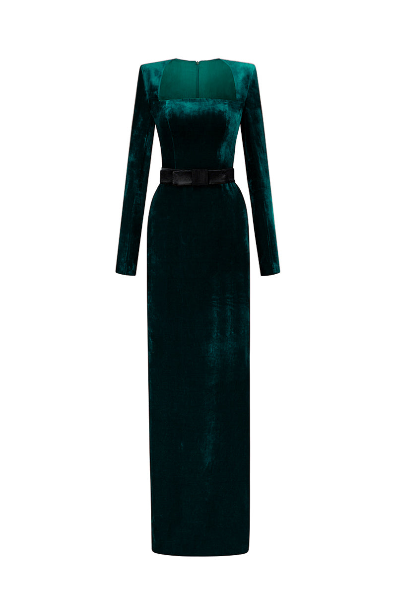 Green grain velvet trapeze neck gown with long sleeves by I.H.F, featuring a flowing silhouette and elegant design.