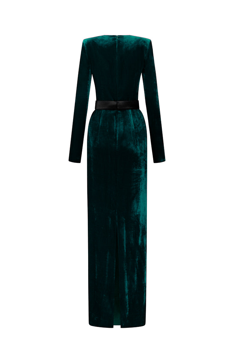 Green grain velvet trapeze neck gown with long sleeves by I.H.F, showcasing a flowing silhouette and elegant design.