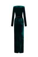 Green grain velvet trapeze neck gown with long sleeves by I.H.F, showcasing a flowing silhouette and elegant design.