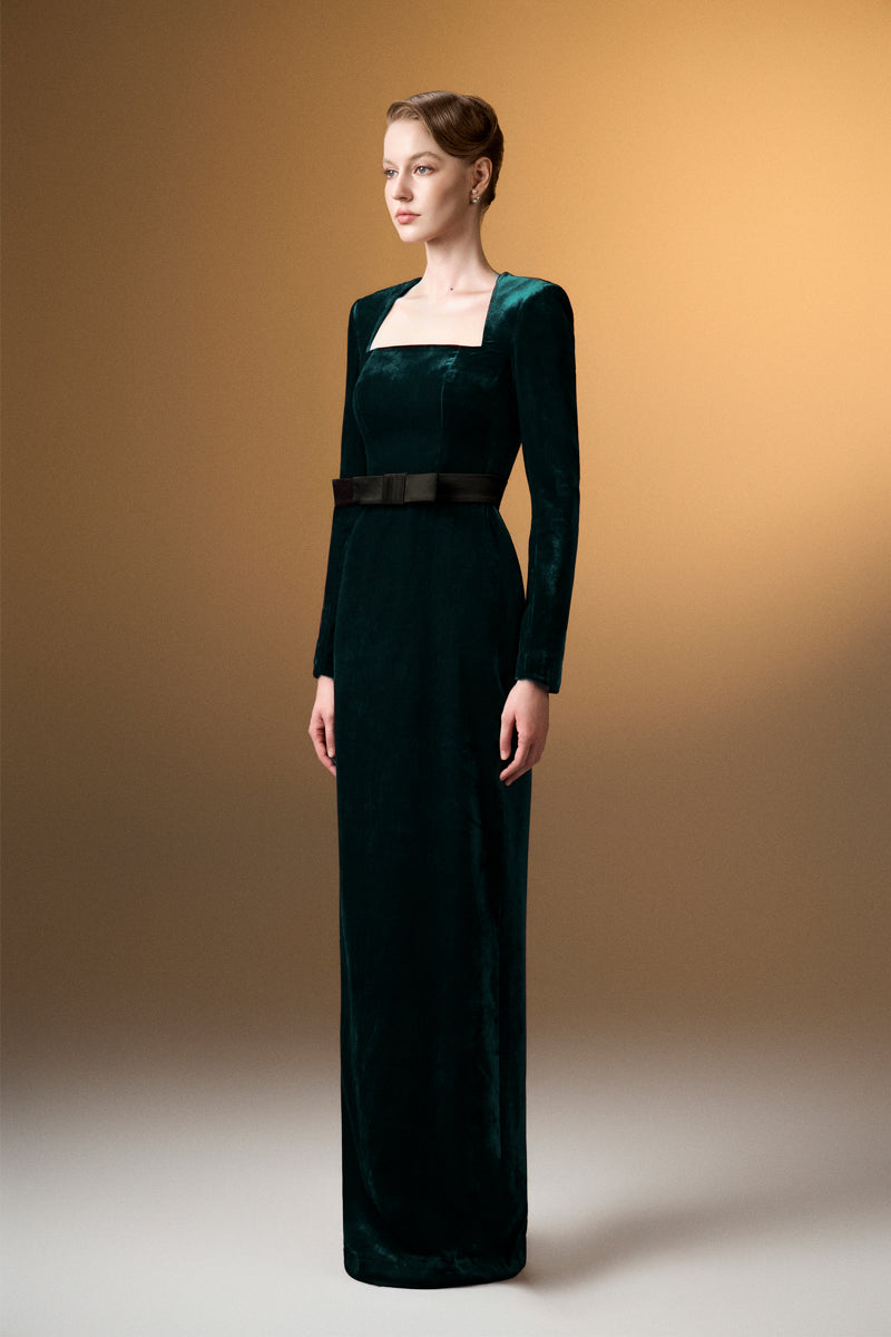 Green velvet trapeze neck gown with long sleeves by I.H.F, featuring a flowy silhouette and elegant design.