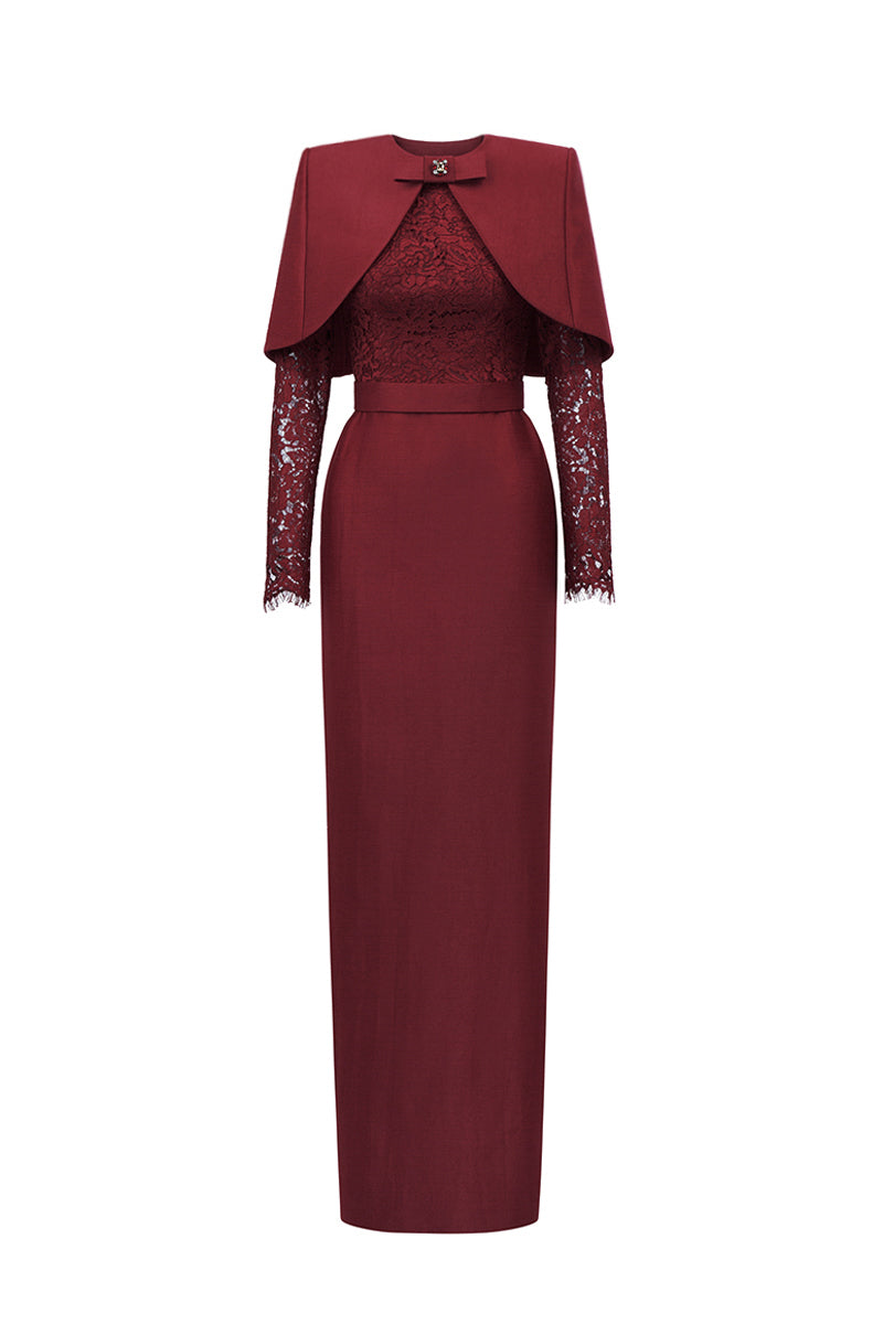 Dark red I.H.F gown with round neck, long sleeves, and a mini cape, showcasing a sleek, elegant design.