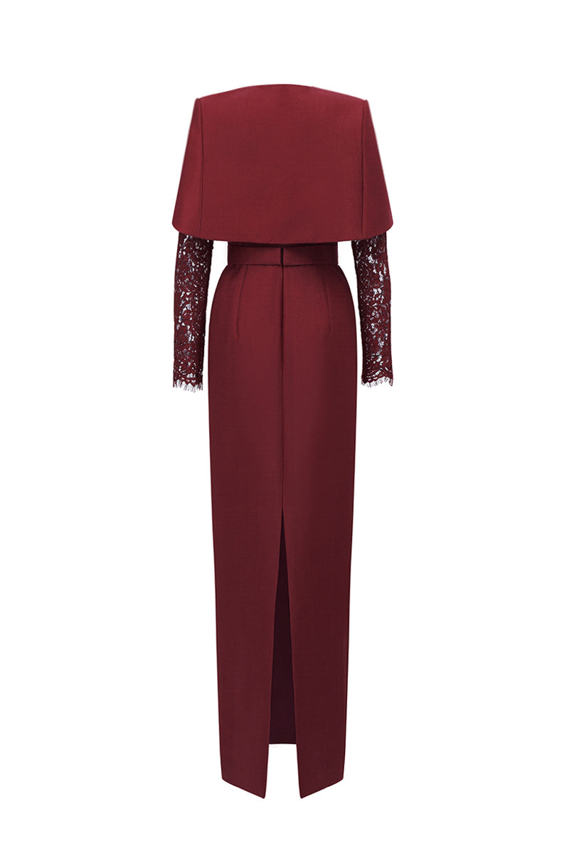 Dark red I.H.F round neck gown with long sleeves and a mini cape, featuring a sleek, elegant design for formal occasions.