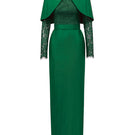 Green round neck column gown with long sleeves and a matching mini cape by I.H.F, displayed on a neutral background.