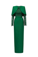 Green round neck column gown with long sleeves and a matching mini cape by I.H.F, displayed on a neutral background.