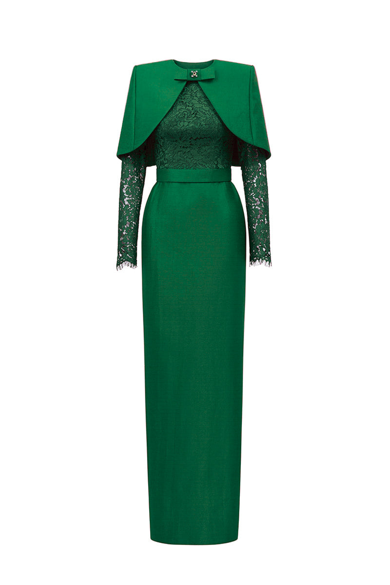 Green round neck column gown with long sleeves and a matching mini cape by I.H.F, displayed on a neutral background.