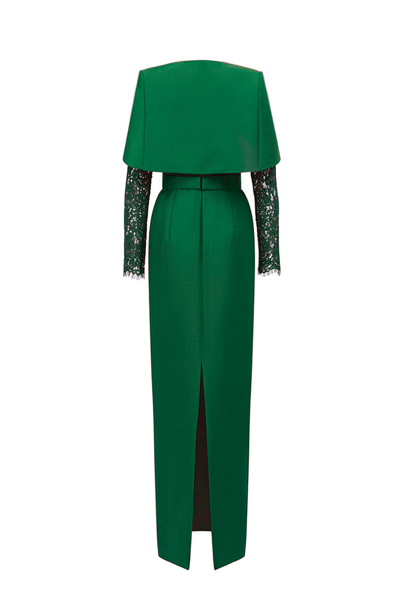 Green round neck column gown with long sleeves and matching mini cape by I.H.F, displayed on a model.