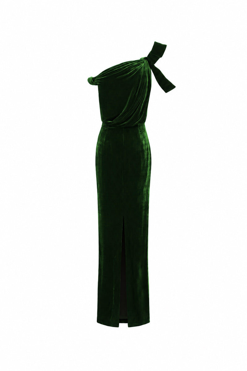 Dark green velvet one-shoulder gown by I.H.F featuring a flowing drape and asymmetric design, perfect for elegant occasions.