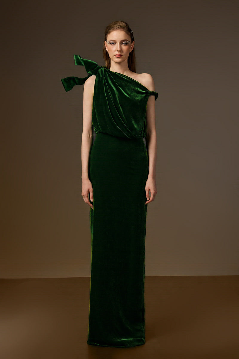 Dark green velvet one-shoulder column gown by I.H.F with asymmetric design and flow drape detail, elegant evening wear.